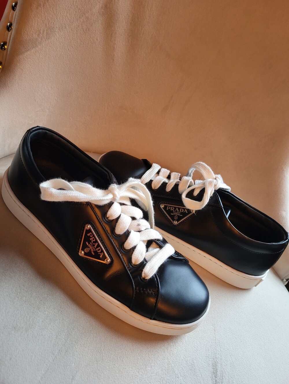 Prada Black Leather Low-Top Sneakers with White Laces